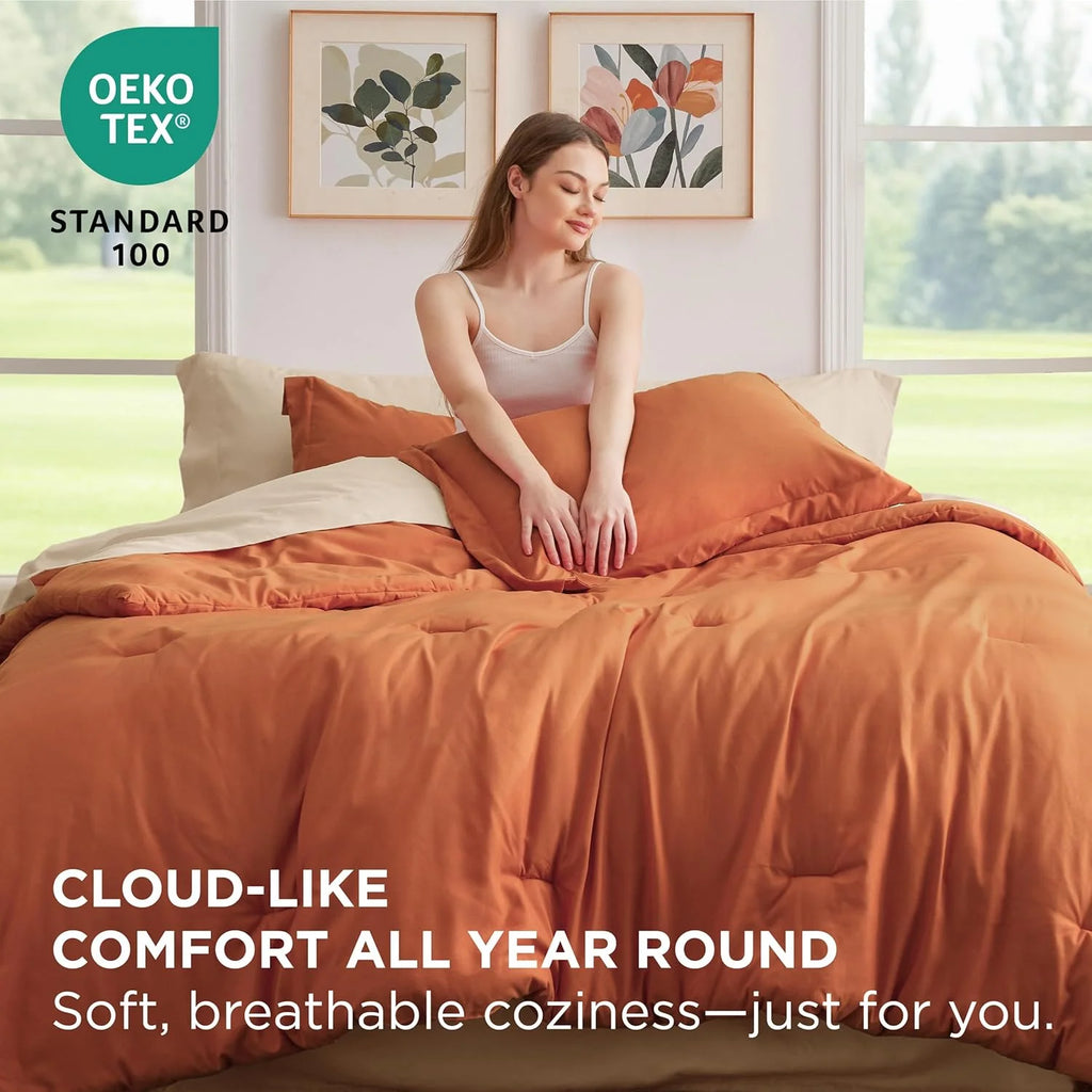 Full Size Comforter Set Burnt Orange, 7 Pieces Soft Bedding Sets with Comforter, Sheets, Pillowcases & Shams, All Season Boho Bed in a Bag Full Size, 80GSM