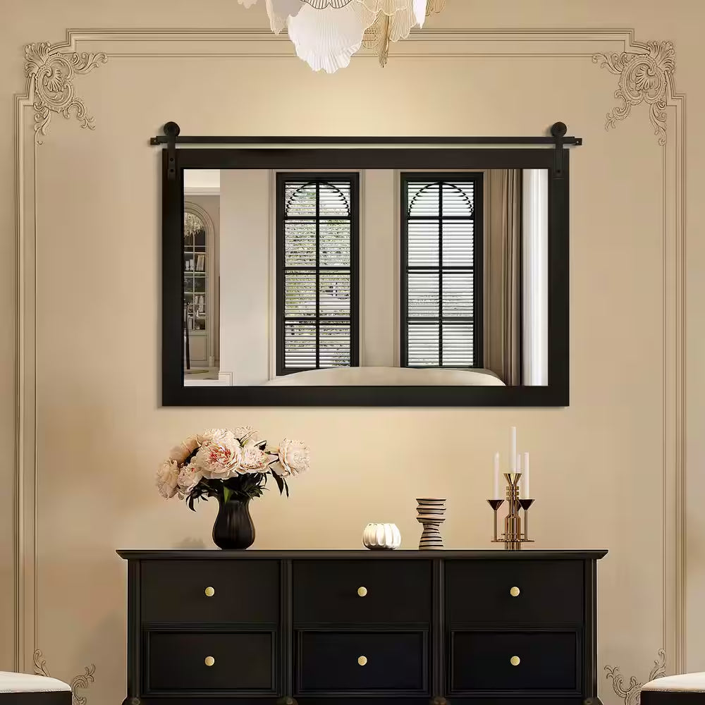 40 In. W X 26 In. H Black Rectangle Wood Framed Accent Wall Mirror