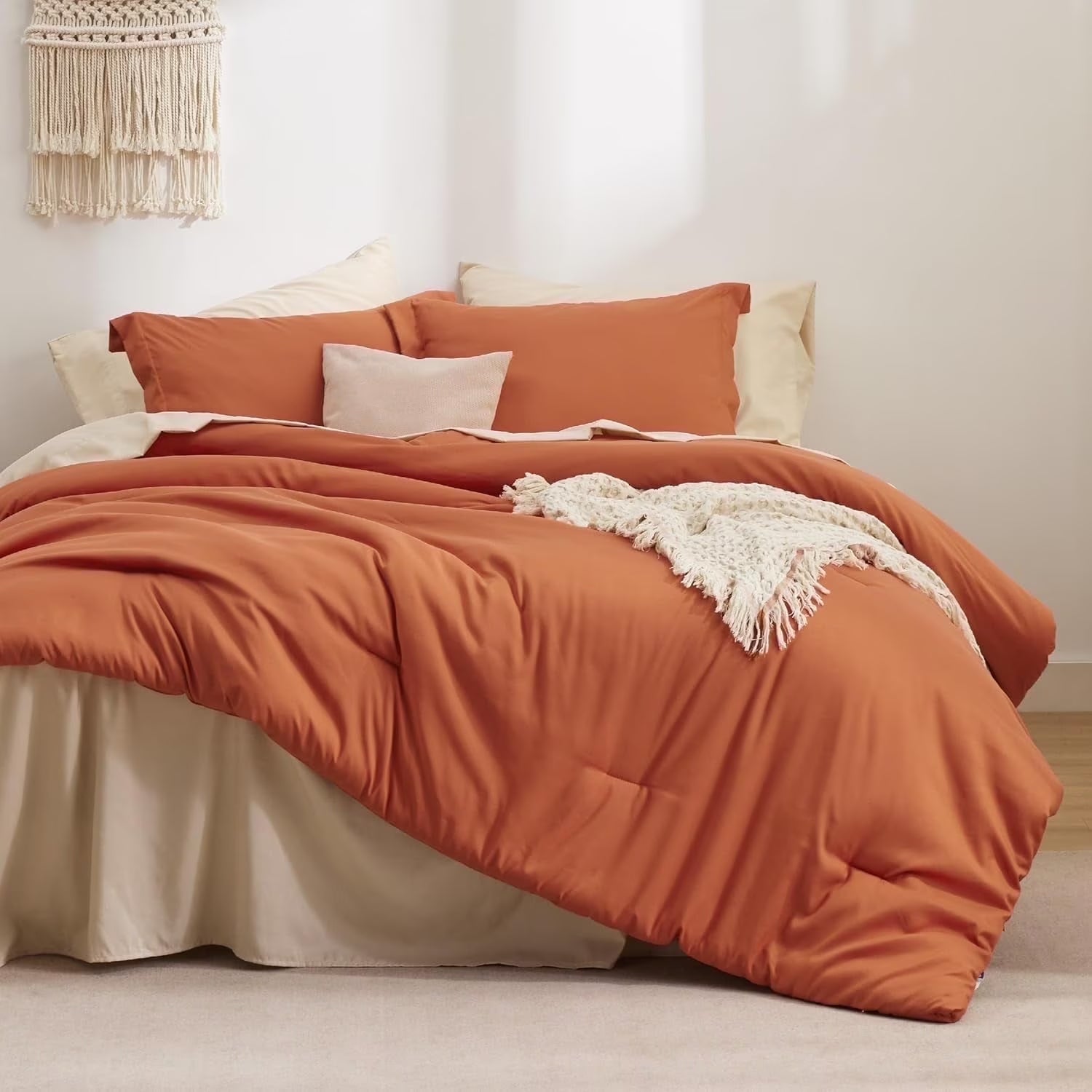 Full Size Comforter Set Burnt Orange, 7 Pieces Soft Bedding Sets with Comforter, Sheets, Pillowcases & Shams, All Season Boho Bed in a Bag Full Size, 80GSM