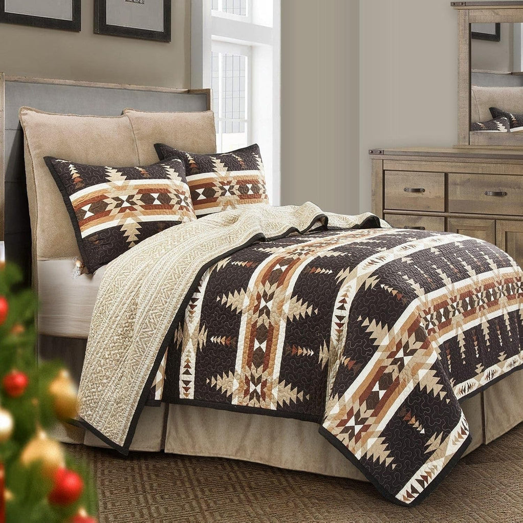Yosemite Western Bedding 3 Piece Quilt Set with Pillow Shams, King Aztec Bedding Set, Tribal Southwestern Bedding, Geometric Pattern Cotton Reversible Bed Set