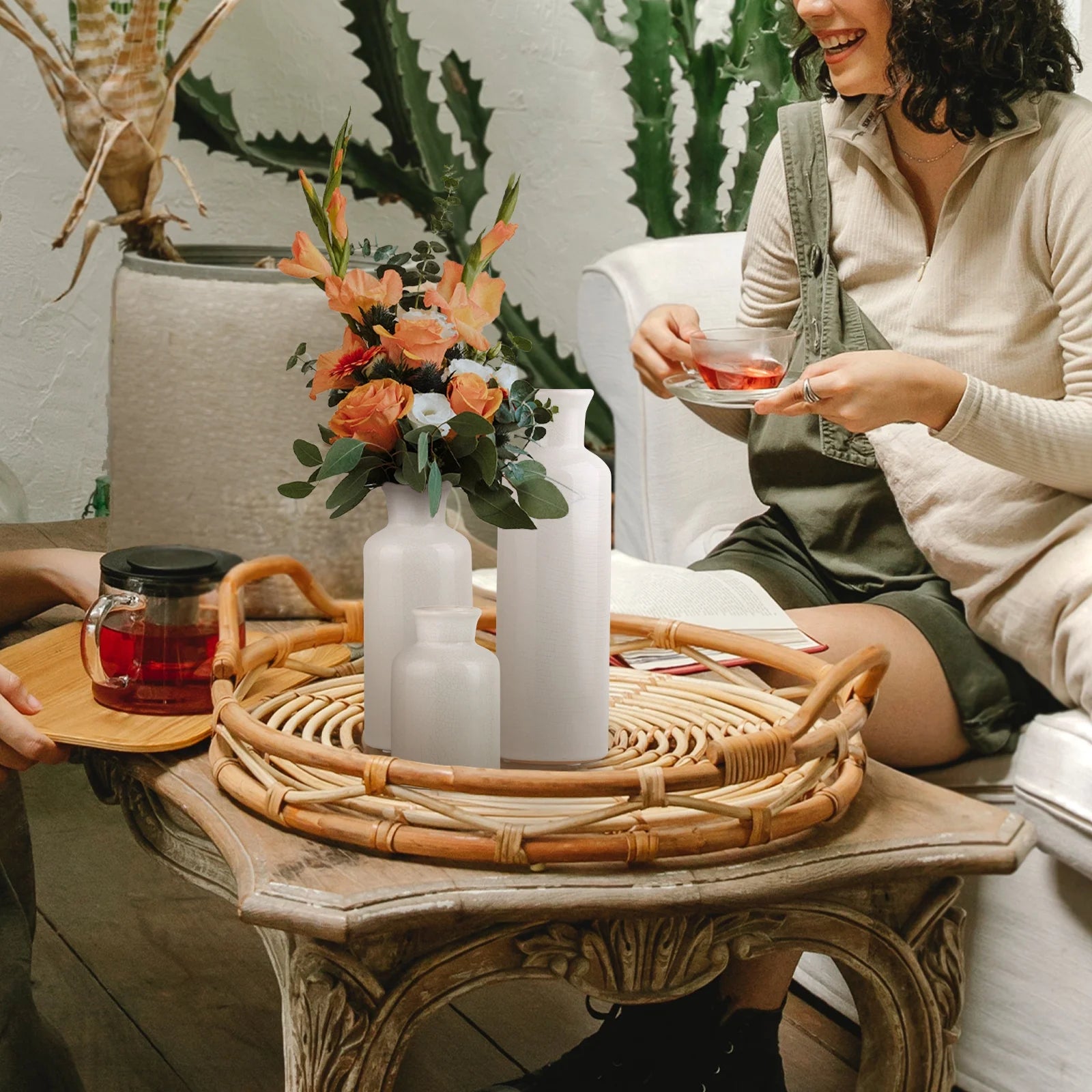 Ceramic Vase for Home Decoration, Set of 3 Large Small Flowers Vase for Floor, Modern Floor Vase for Living Room Decorations, Ideas Table Bookshelf Decor, Black Crack White