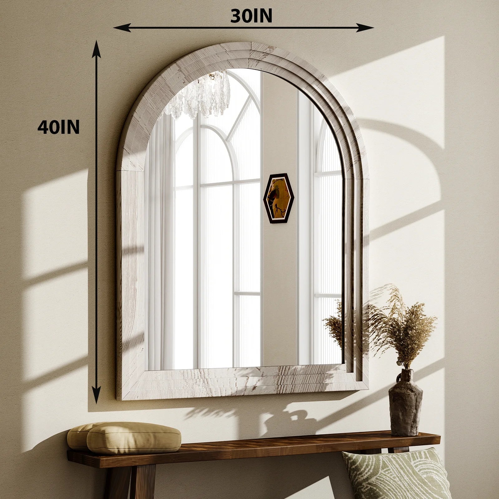 40"X 30" Arched Bathroom Mirror Wall Mirror Wooden Frame,White