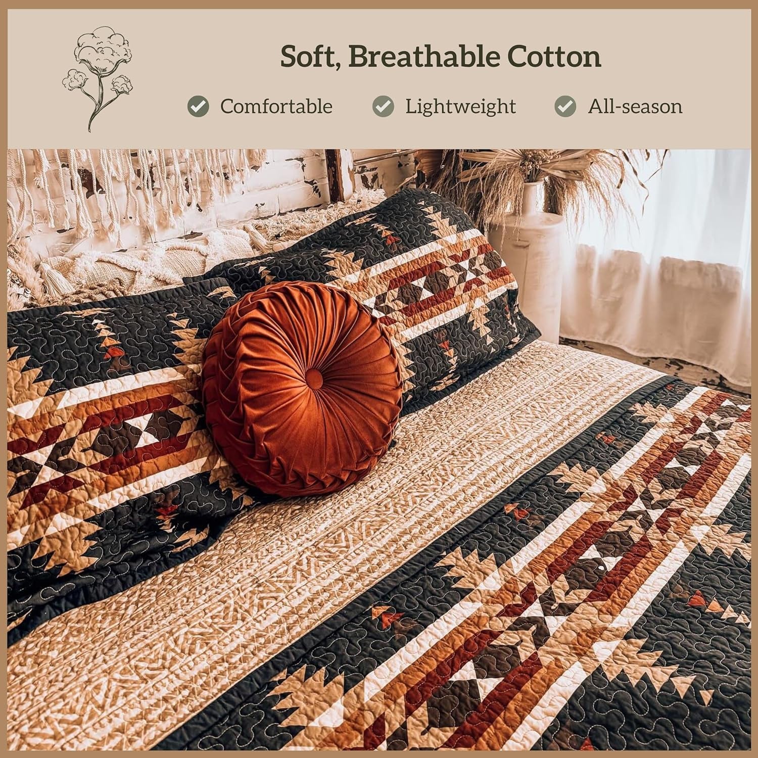 Yosemite Western Bedding 3 Piece Quilt Set with Pillow Shams, King Aztec Bedding Set, Tribal Southwestern Bedding, Geometric Pattern Cotton Reversible Bed Set