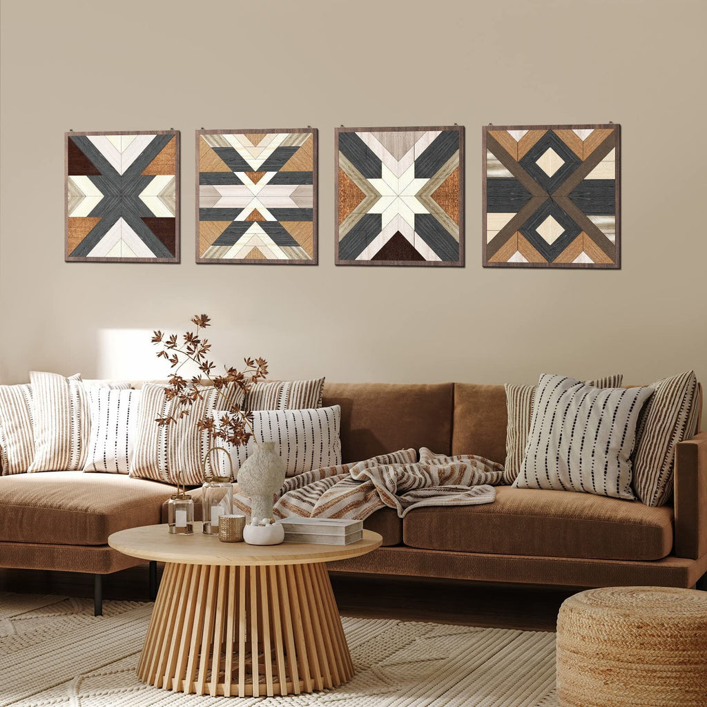 Qunclay 4 Pcs Wood Wall Art Wooden Aztec Wall Decor Boho Western Decor Diamon...