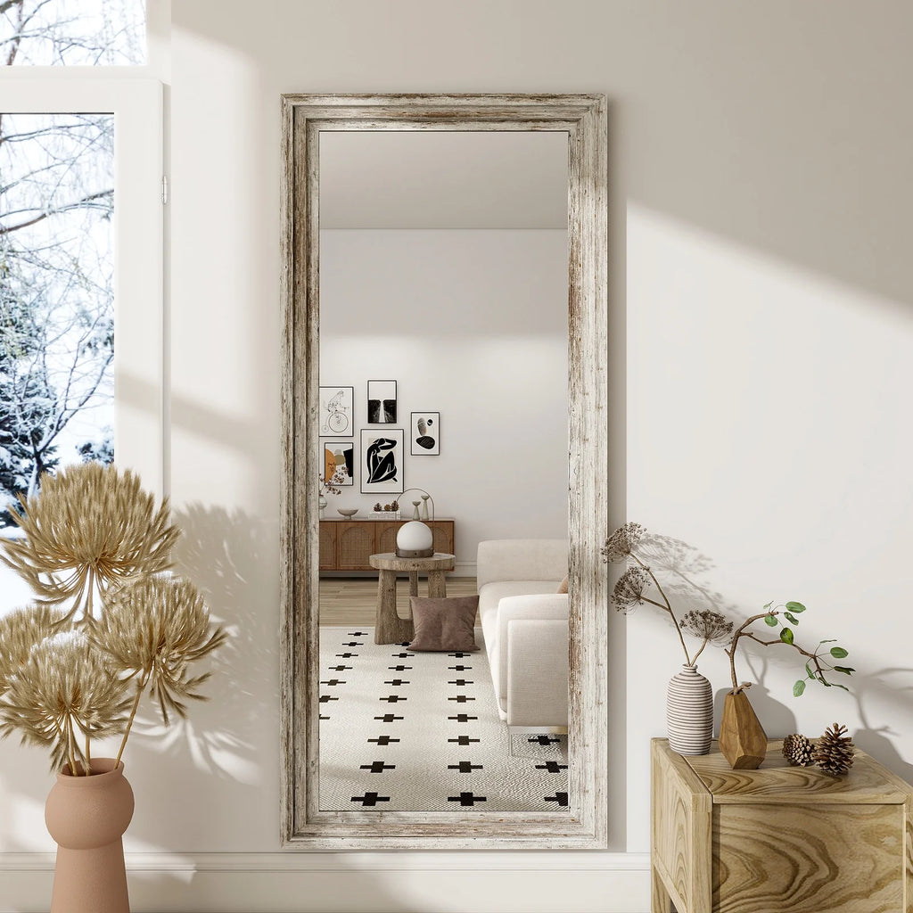 71"X30" Full Length Mirror with Stand Solid Wooden Framed Floor Mirror Full Body Mirror,Retro White