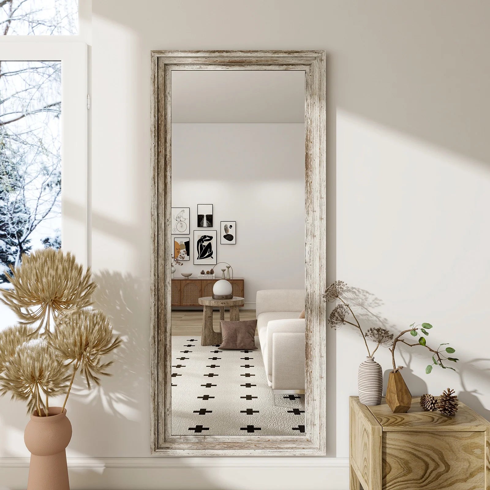 71"X30" Full Length Mirror with Stand Solid Wooden Framed Floor Mirror Full Body Mirror,Retro White