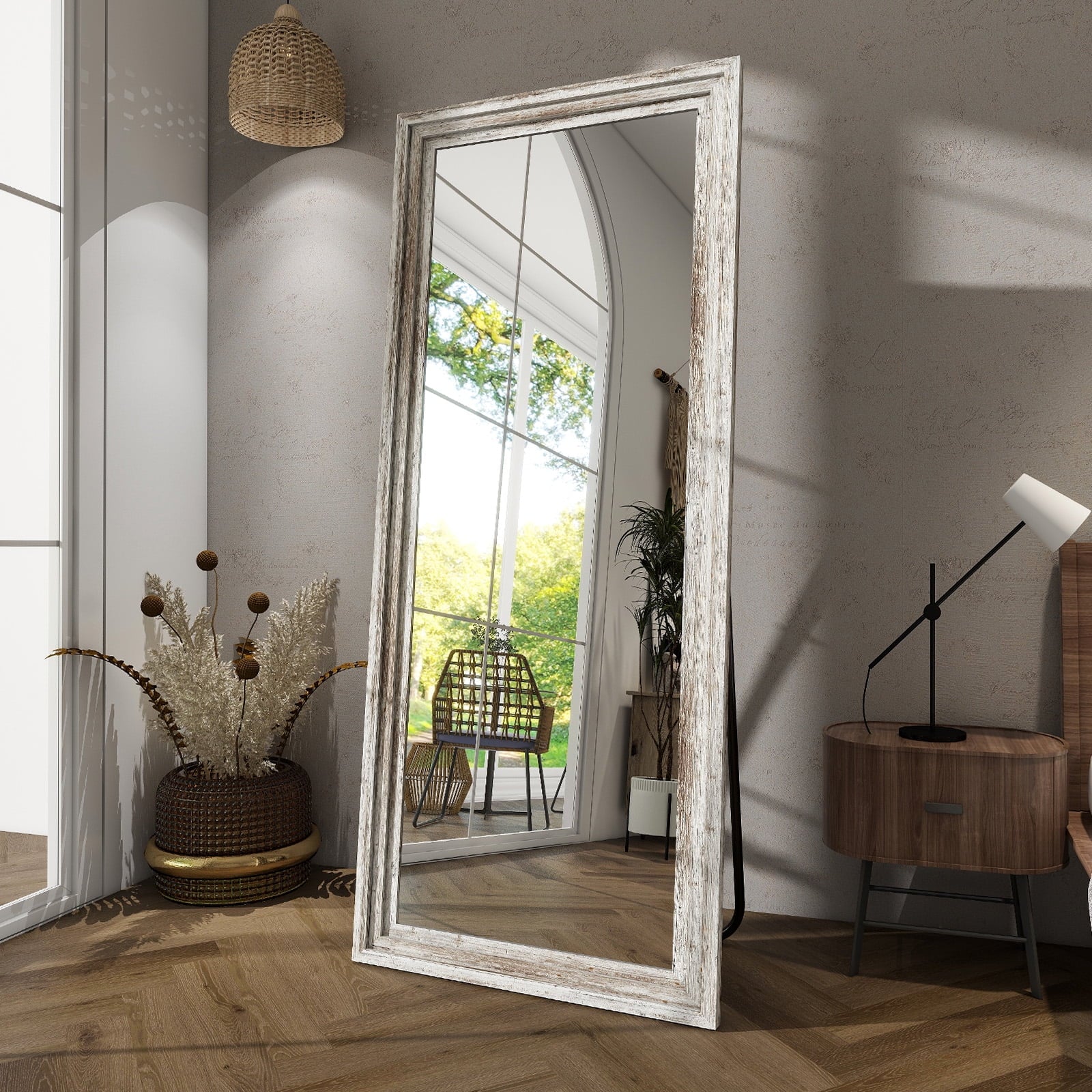 71"X30" Full Length Mirror with Stand Solid Wooden Framed Floor Mirror Full Body Mirror,Retro White