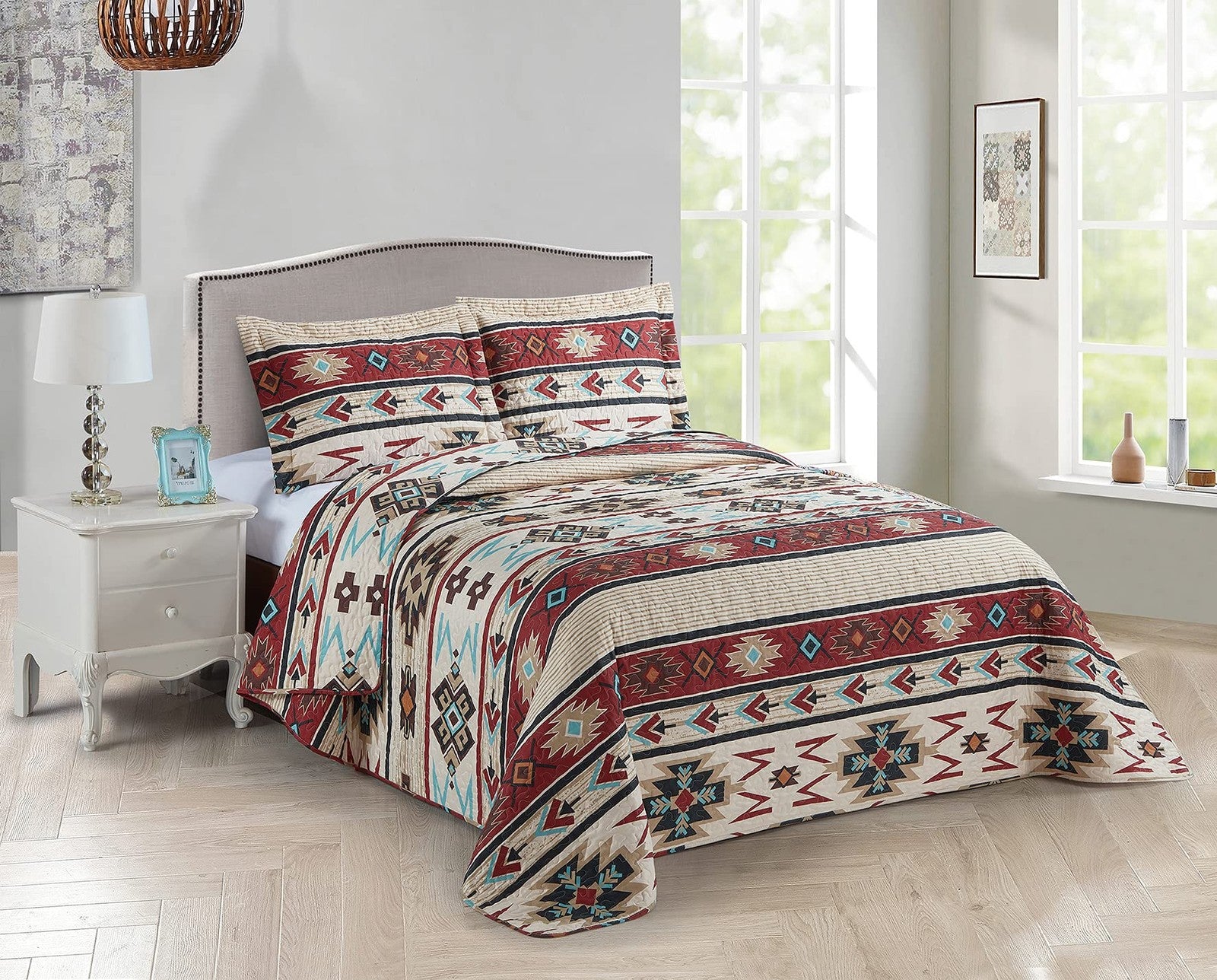 Rustic Striped Southwestern Quilt Stitched Western Bedspread Bedding Set With