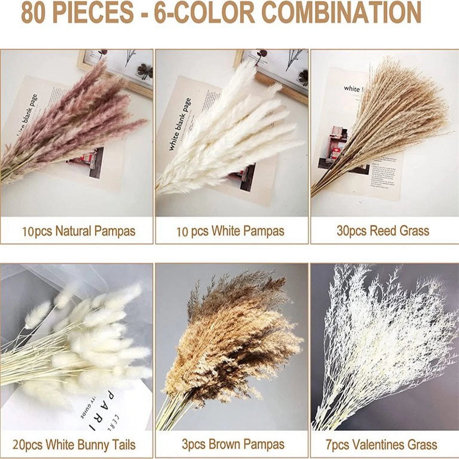 80 Pcs Natural Dried Pampas Grass Boho Home Decor Dried Reed Flowers for Wedding Floral Arrangements Wall Bathroom Decor Spring Decor