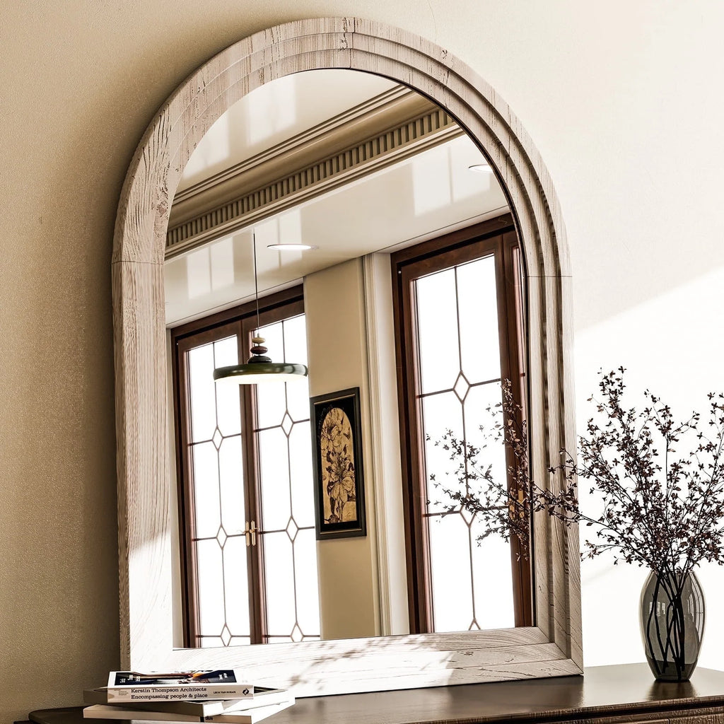 40"X 30" Arched Bathroom Mirror Wall Mirror Wooden Frame,White