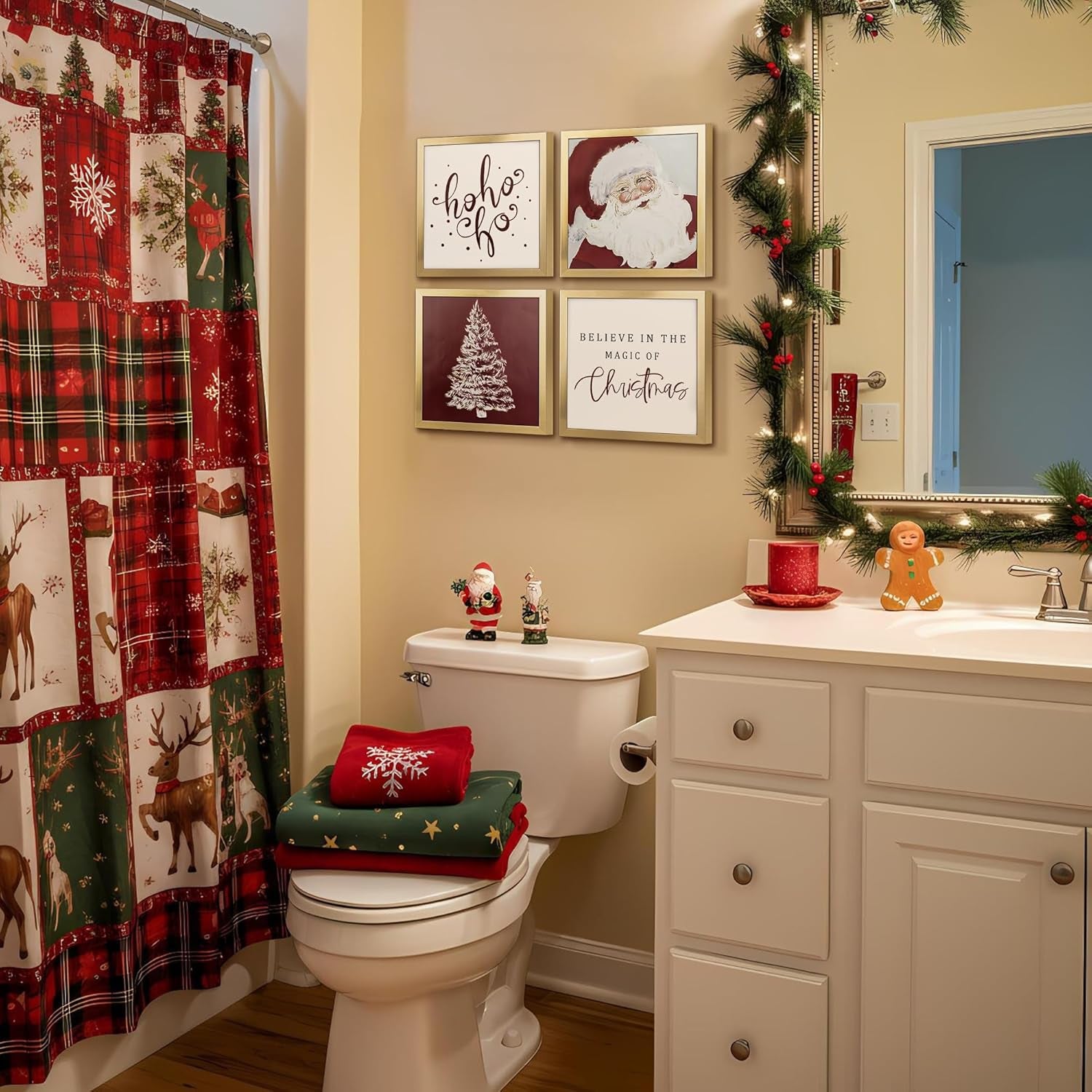 Framed Christmas Wall Art Set, Gold Frame Santa Prints for Holiday Decor