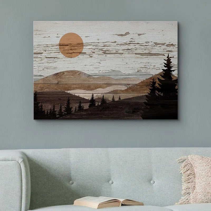 Western Wood Effect Landscape Brown Mountain Rangeest Nature Abstract Farmhouse Wall Decor Bedroom on Canvas Print