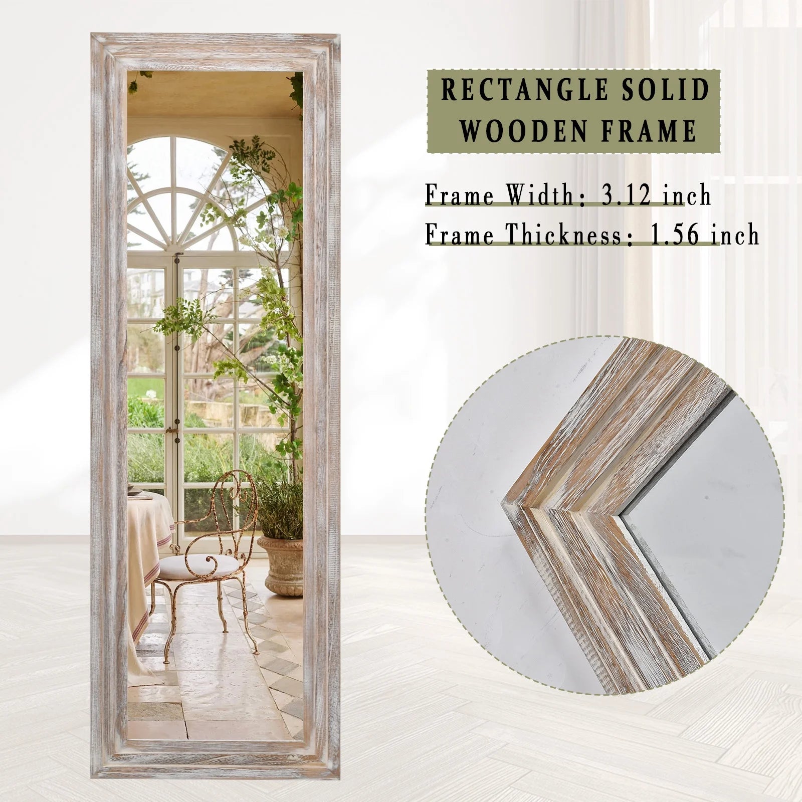 71"X30" Full Length Mirror with Stand Solid Wooden Framed Floor Mirror Full Body Mirror,Retro White