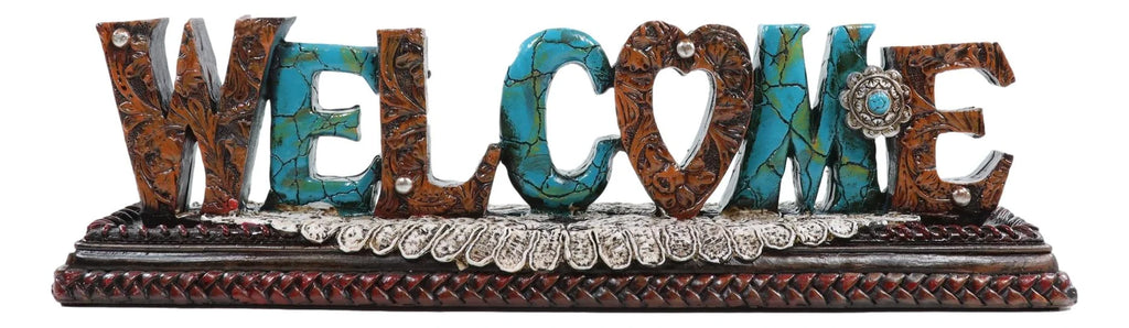 Rustic Western Tooled Leather Scrollwork Turquoise Rocks Welcome Desktop Plaque