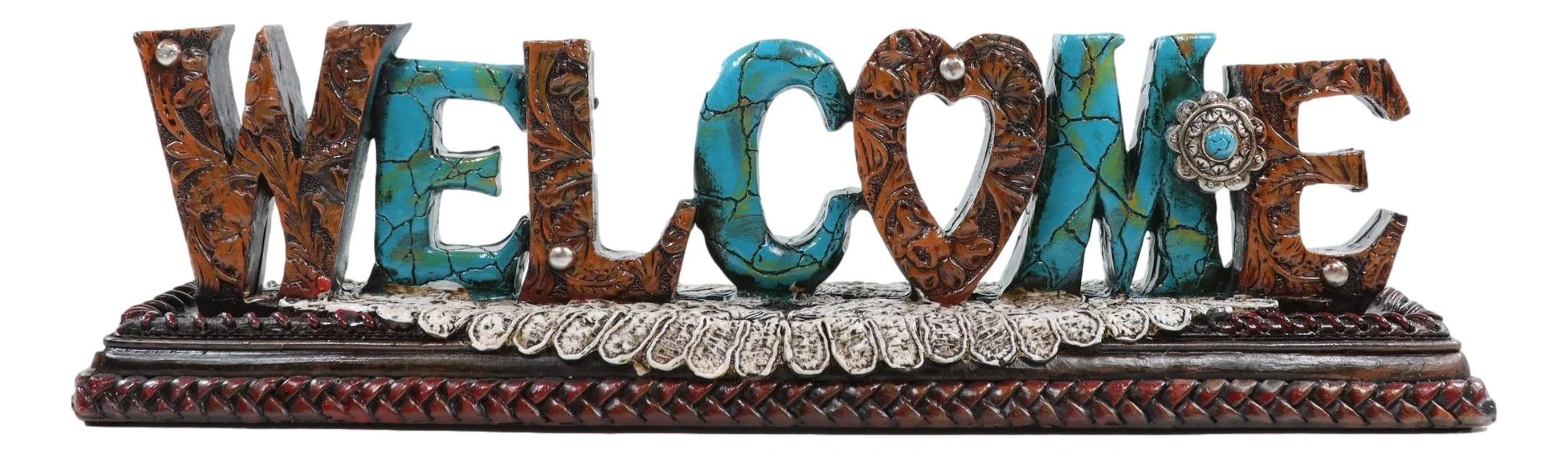 Rustic Western Tooled Leather Scrollwork Turquoise Rocks Welcome Desktop Plaque