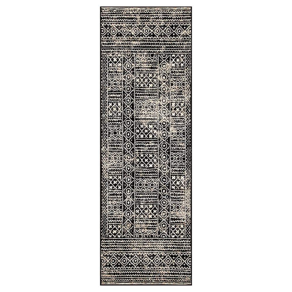 Navajo Black 2 Ft. 6 In. X 10 Ft. Floral Geometric Border Indoor Runner Rug
