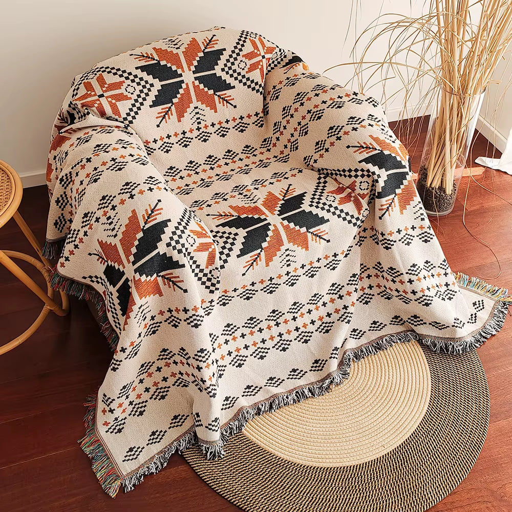 Aztec Blanket, Oversized Boho Throw Blanket with Fringe, Southwestern Geometric Tapestry Vintage Woven Throw Blankets, Double-Si