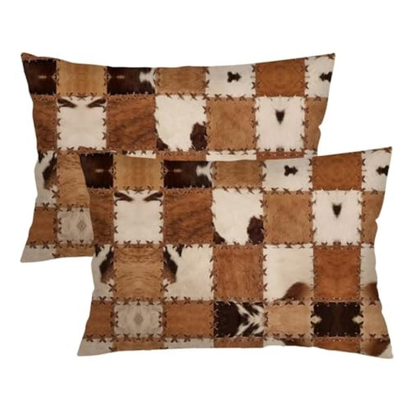 Cowhide Throw Pillow Cover Queen Size Set of 2 Patchwork Cow Print Brown