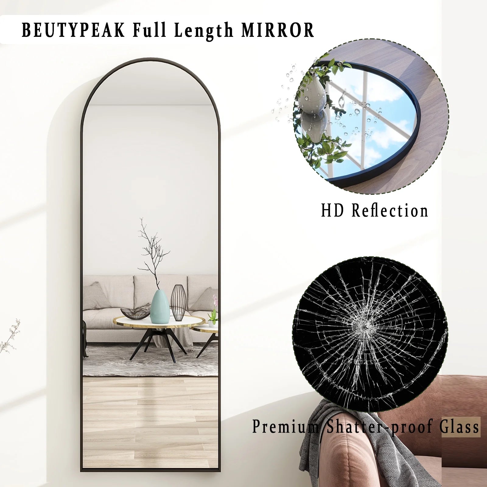 Arched Full Length Floor Mirror 59.1"X16" Full Body Standing Mirror,Black