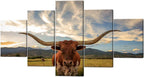 5 Piece Animal HD Painting Canvas Prints Texas Longhorn Steer in Rural Utah Giclee Artwork Modern Framed and Stretched Wall Art Painting for Living Room Decor - 60''W X 32''H