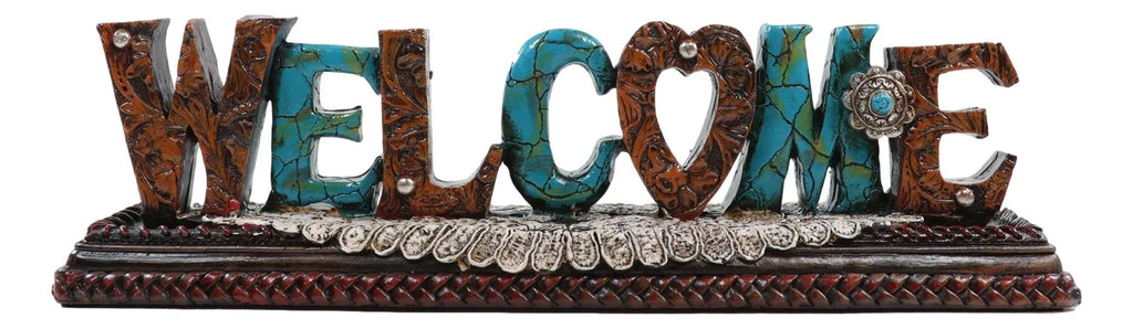Rustic Western Tooled Leather Scrollwork Turquoise Rocks Welcome Desktop Plaque
