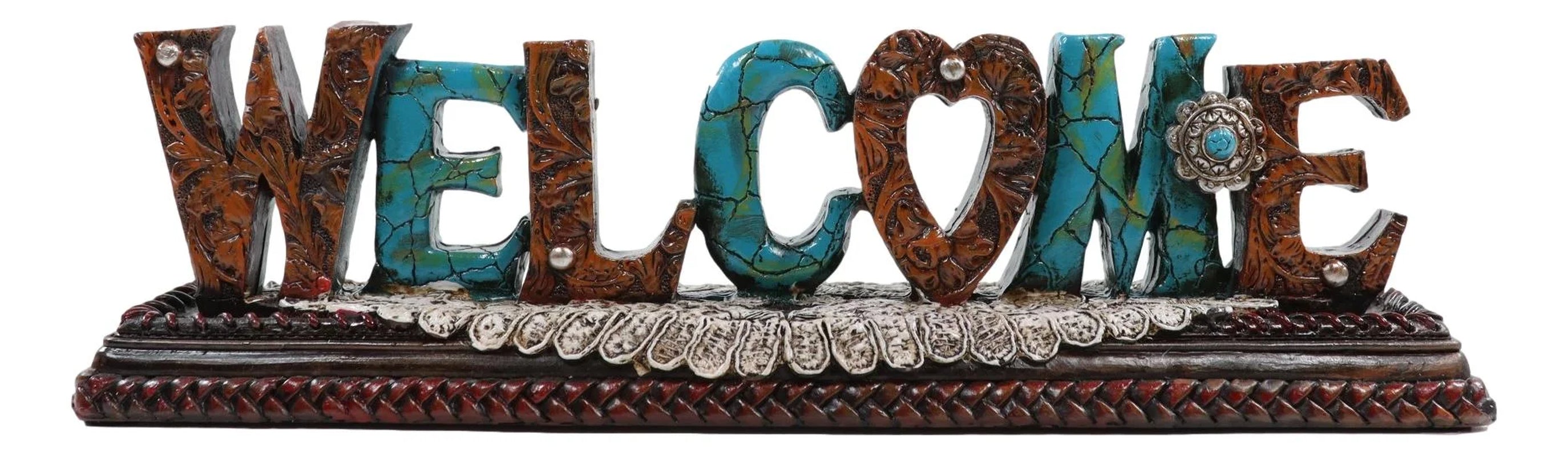 Rustic Western Tooled Leather Scrollwork Turquoise Rocks Welcome Desktop Plaque