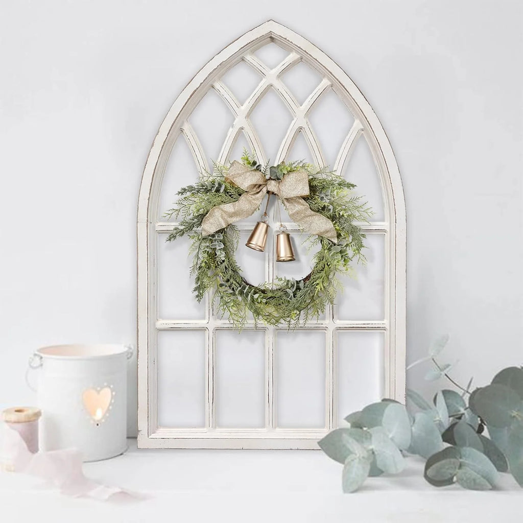 Farmhouse Arched Window Frame for Home 20" X 32", Rustic Hanging Distressed White Bedroom Window Pane Wall Decor Artwork, MDF ,