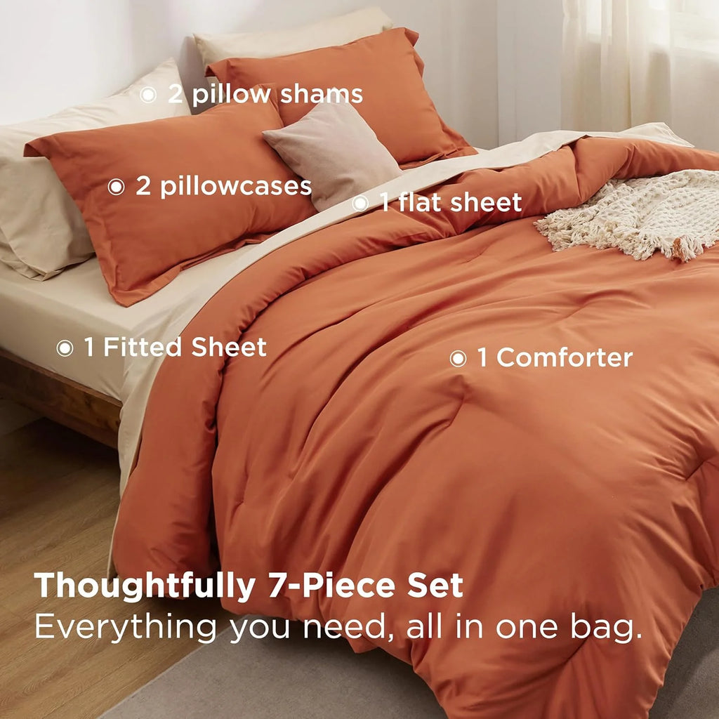 Full Size Comforter Set Burnt Orange, 7 Pieces Soft Bedding Sets with Comforter, Sheets, Pillowcases & Shams, All Season Boho Bed in a Bag Full Size, 80GSM