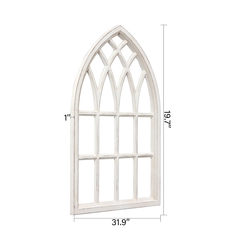 Farmhouse Arched Window Frame for Home 20" X 32", Rustic Hanging Distressed White Bedroom Window Pane Wall Decor Artwork, MDF ,