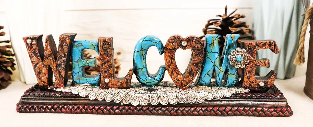 Rustic Western Tooled Leather Scrollwork Turquoise Rocks Welcome Desktop Plaque