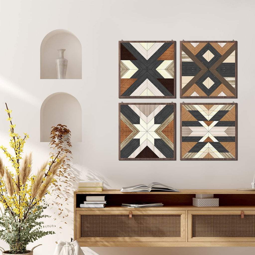 Qunclay 4 Pcs Wood Wall Art Wooden Aztec Wall Decor Boho Western Decor Diamon...