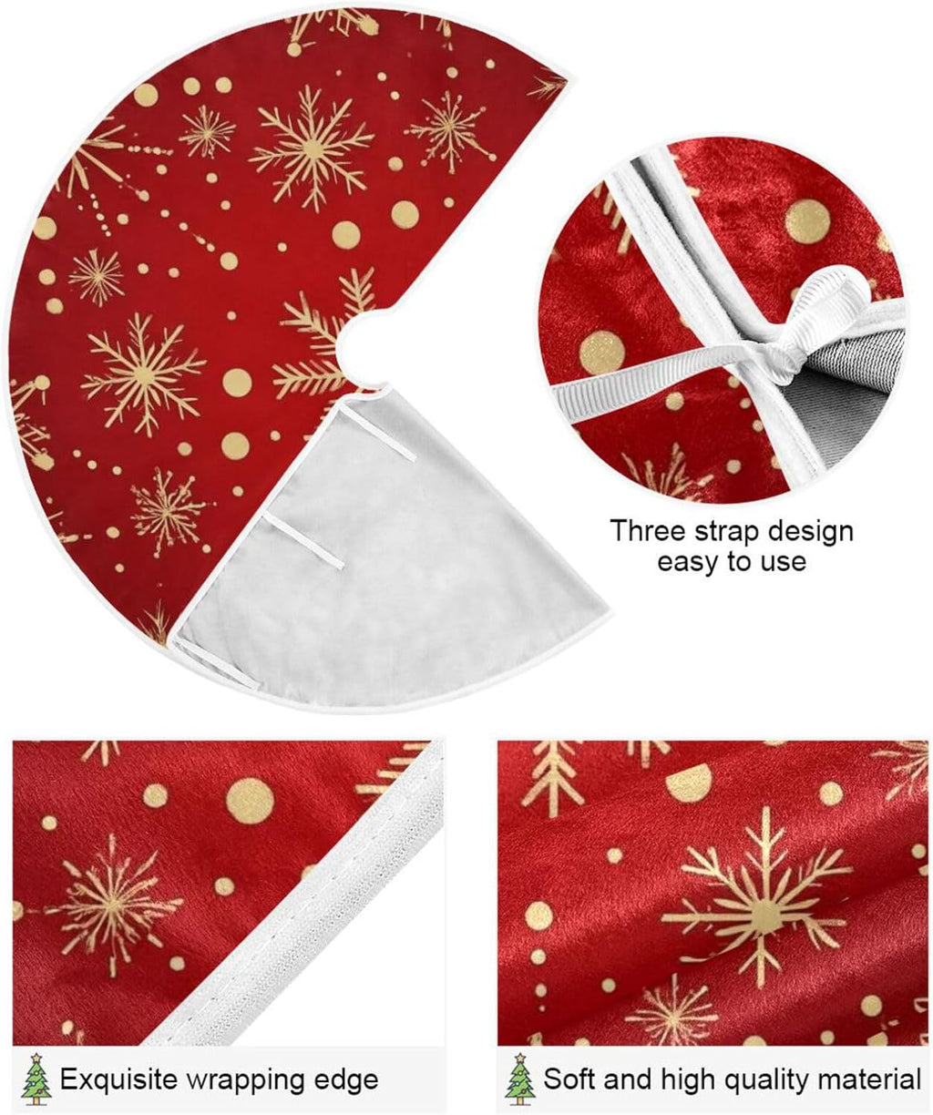 Christmas Tree Skirt 36" Winter Red Gold Snowflake Let It Snow Xmas Tree Skirts Mat round Pad for Happy New Year Holiday Party Supplies Rustic Ornaments Indoor Home Decor