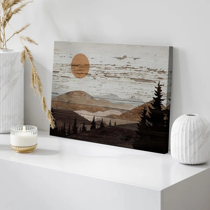 Western Wood Effect Landscape Brown Mountain Rangeest Nature Abstract Farmhouse Wall Decor Bedroom on Canvas Print
