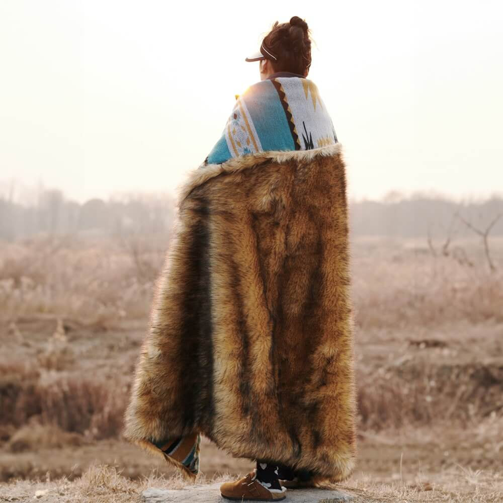Aztec Faux Fur Blanket - Golden+Turquoise