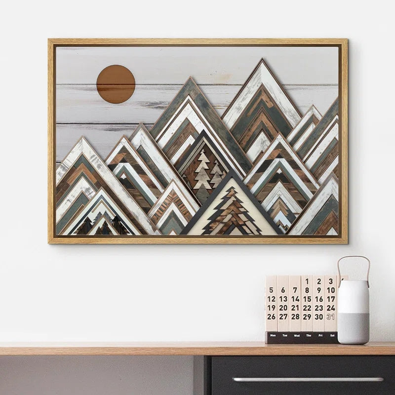 Western Wood Effect Landscape Sun Mountain Range Nature Abstract Farmhouse Wall Decor Bedroom on Canvas Print
