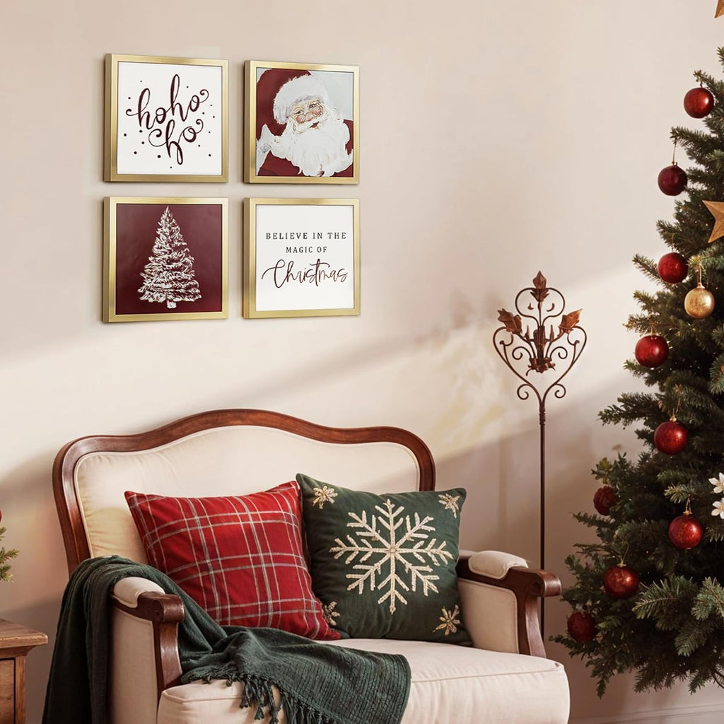 Framed Christmas Wall Art Set, Gold Frame Santa Prints for Holiday Decor