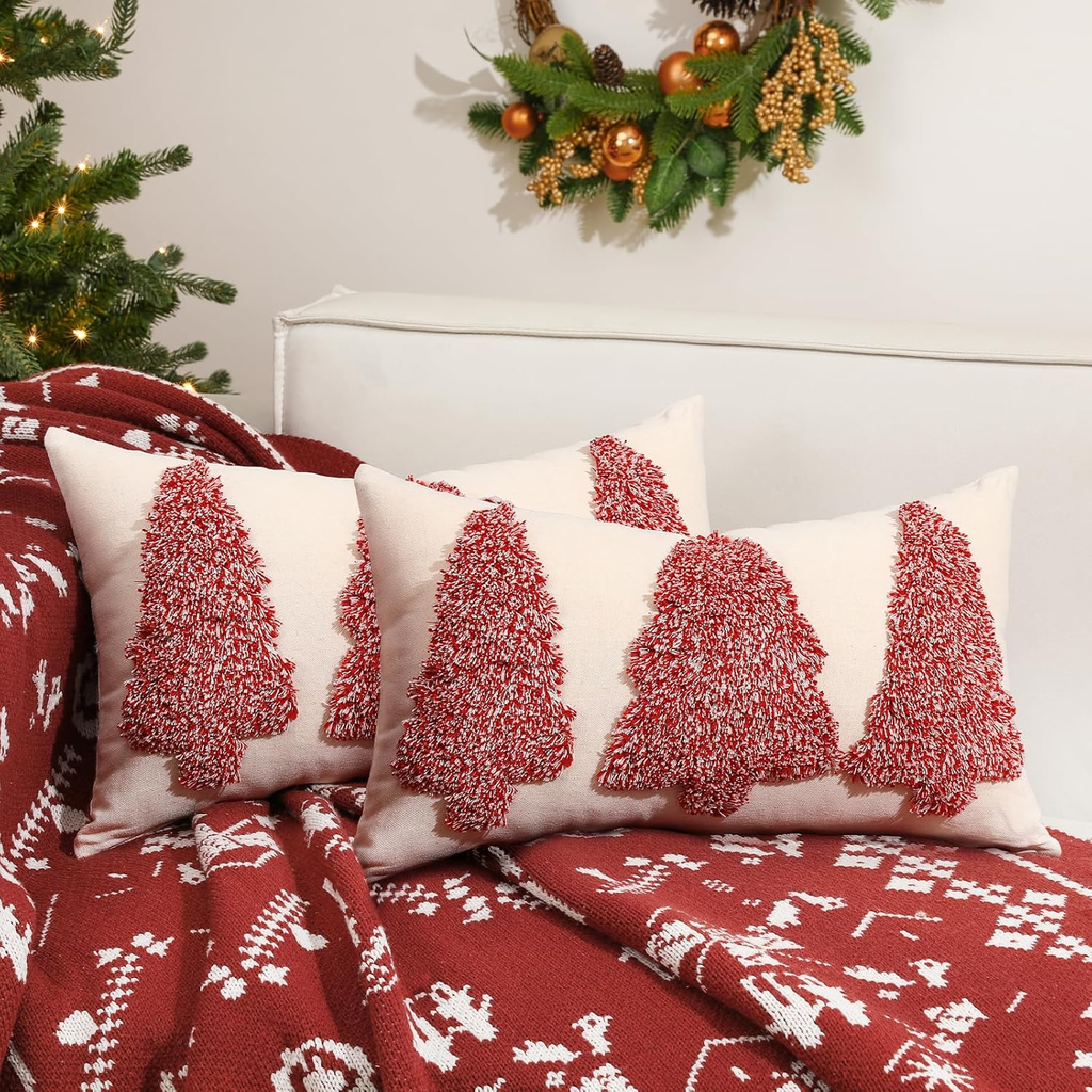 2 Pack Christmas Tree Embroidery Decorative Throw Pillow 12X20