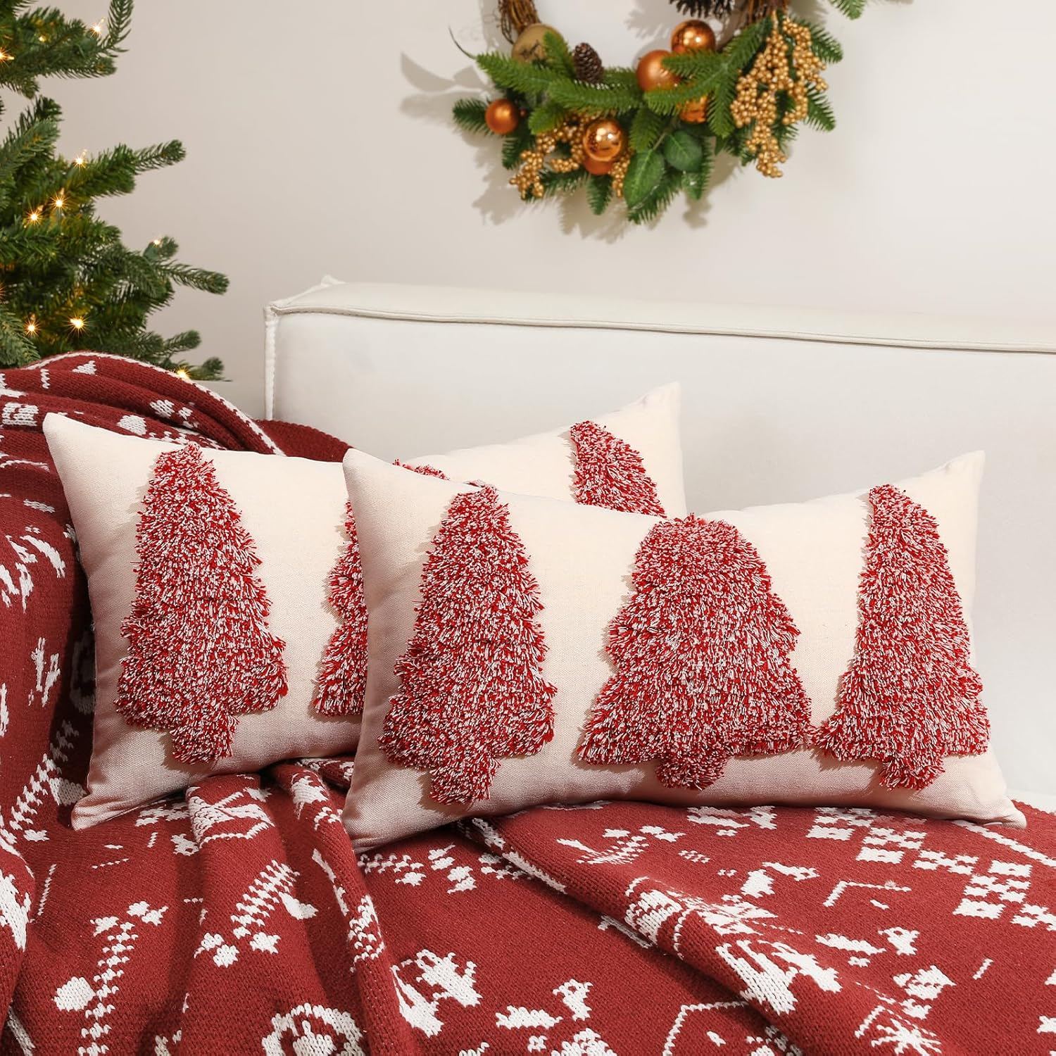 2 Pack Christmas Tree Embroidery Decorative Throw Pillow 12X20