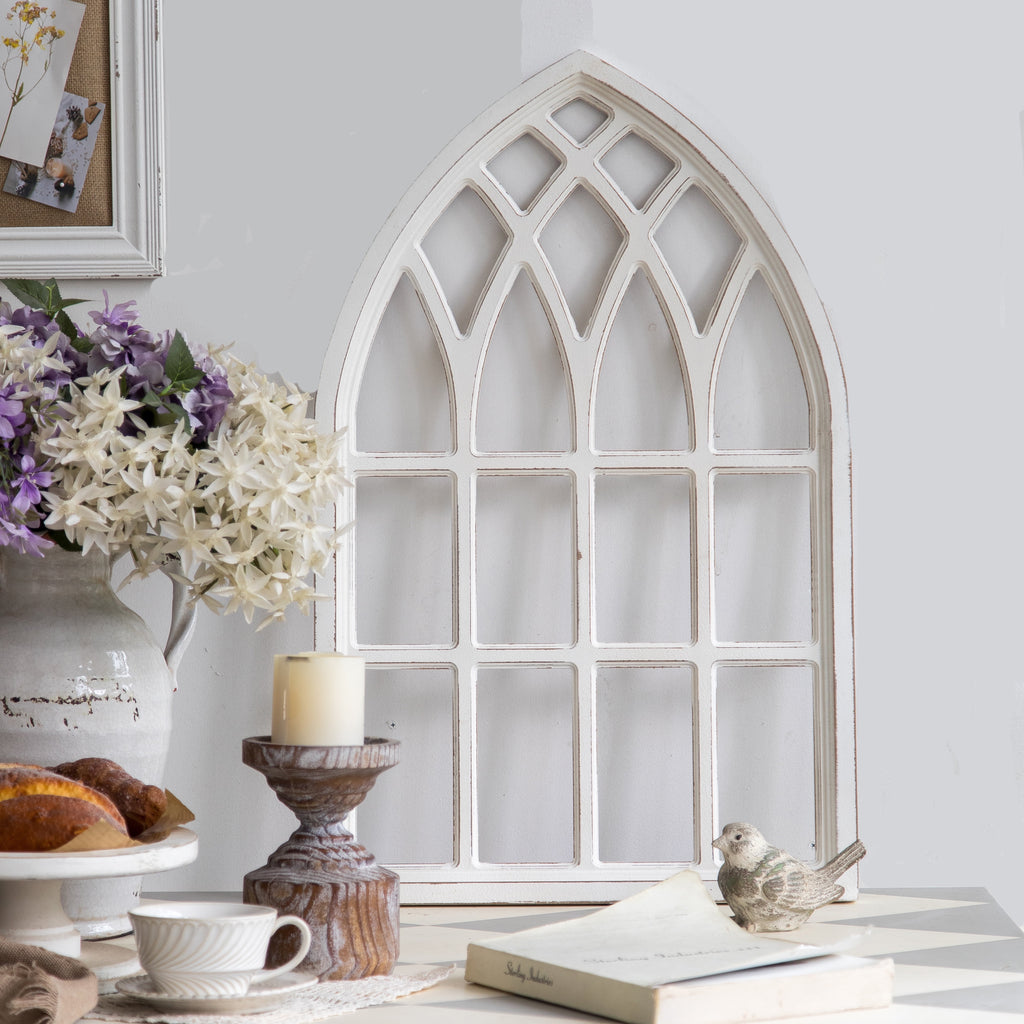 Farmhouse Arched Window Frame for Home 20" X 32", Rustic Hanging Distressed White Bedroom Window Pane Wall Decor Artwork, MDF ,