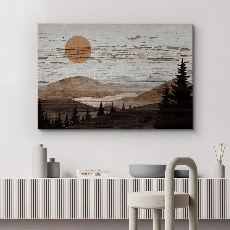 Western Wood Effect Landscape Brown Mountain Rangeest Nature Abstract Farmhouse Wall Decor Bedroom on Canvas Print