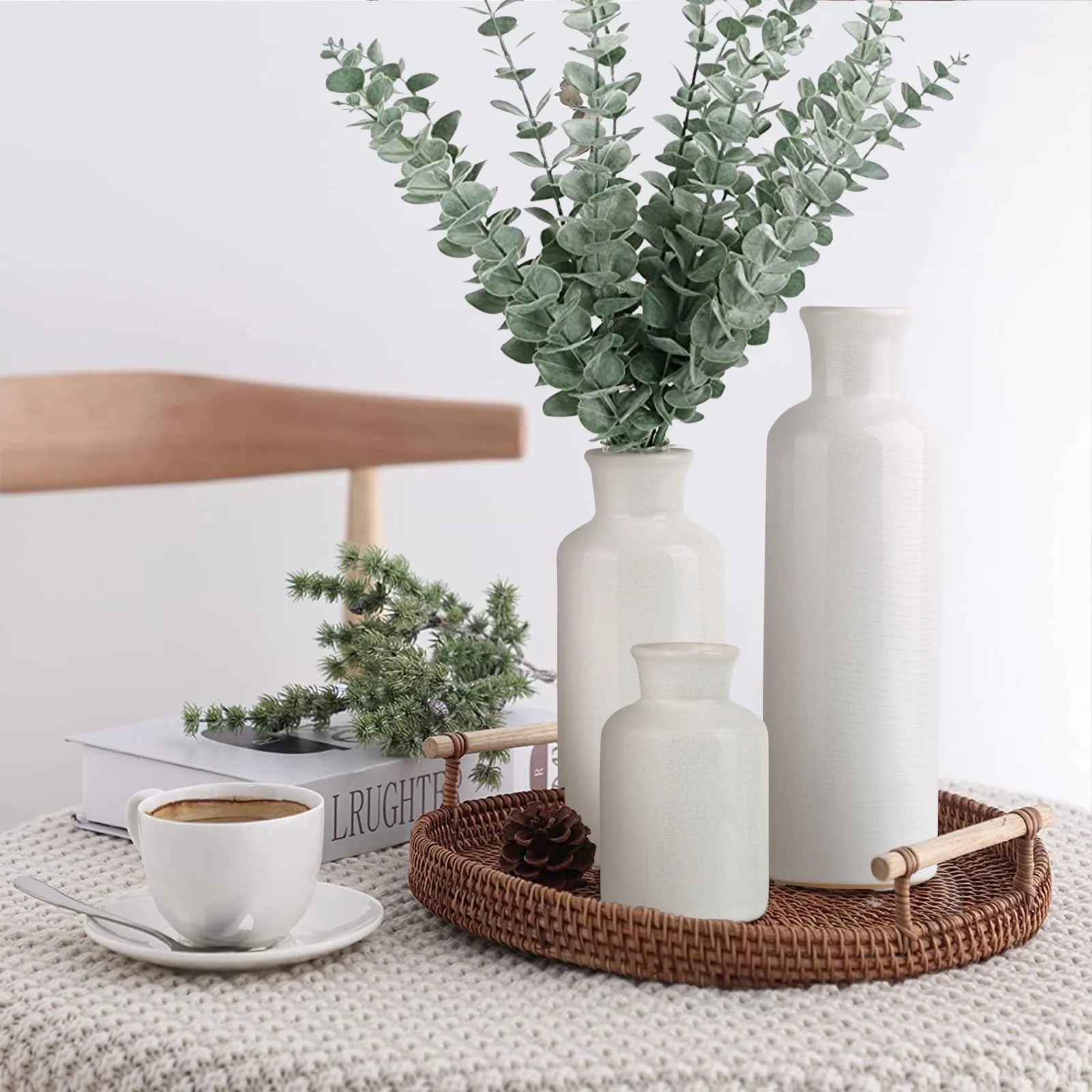 Ceramic Vase for Home Decoration, Set of 3 Large Small Flowers Vase for Floor, Modern Floor Vase for Living Room Decorations, Ideas Table Bookshelf Decor, Black Crack White