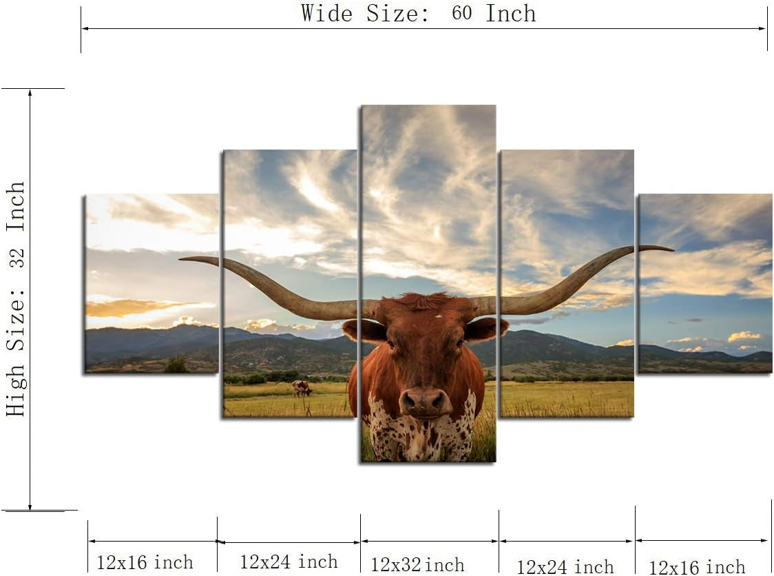 5 Piece Animal HD Painting Canvas Prints Texas Longhorn Steer in Rural Utah Giclee Artwork Modern Framed and Stretched Wall Art Painting for Living Room Decor - 60''W X 32''H