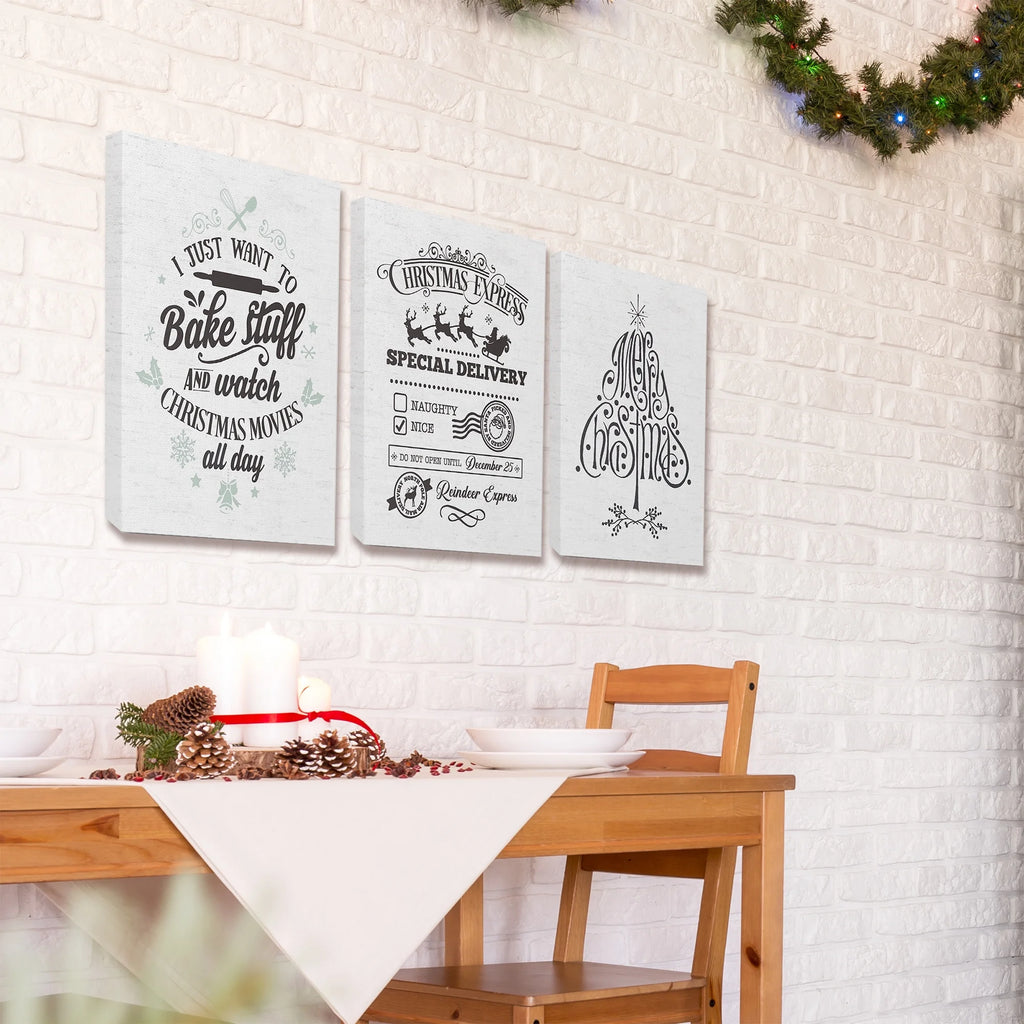 The  Home Decor Collection Holiday Merry Christmas Black and White Typography Tree Stretched Canvas Wall Art, 16 X 1.5 X 20