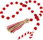 Christmas Wooden Bead Garland Wreath, 39 Inches Decorated with Candy Canes Tassels Wood Bead Garland for Christmas Tree Tiered Tray Decor Home Farmhouse Wall Hanging Ornaments(Red White)