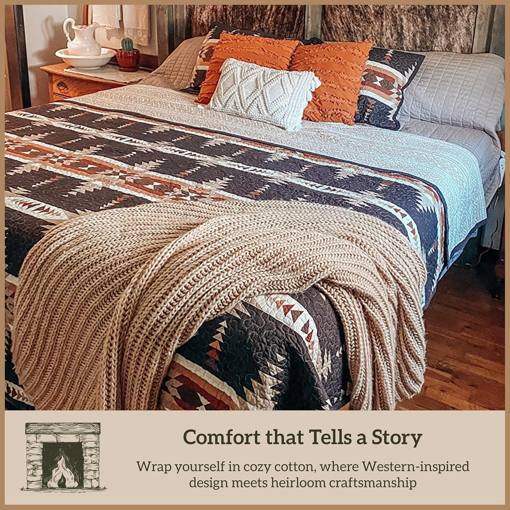 Yosemite Western Bedding 3 Piece Quilt Set with Pillow Shams, King Aztec Bedding Set, Tribal Southwestern Bedding, Geometric Pattern Cotton Reversible Bed Set