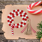 Christmas Wooden Bead Garland Wreath, 39 Inches Decorated with Candy Canes Tassels Wood Bead Garland for Christmas Tree Tiered Tray Decor Home Farmhouse Wall Hanging Ornaments(Red White)