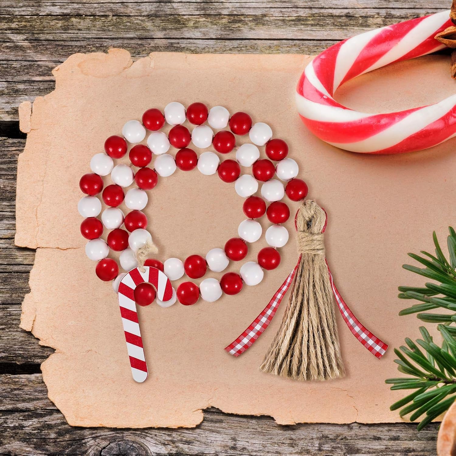 Christmas Wooden Bead Garland Wreath, 39 Inches Decorated with Candy Canes Tassels Wood Bead Garland for Christmas Tree Tiered Tray Decor Home Farmhouse Wall Hanging Ornaments(Red White)
