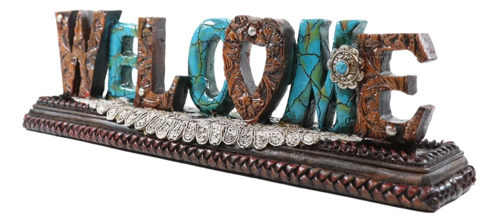 Rustic Western Tooled Leather Scrollwork Turquoise Rocks Welcome Desktop Plaque