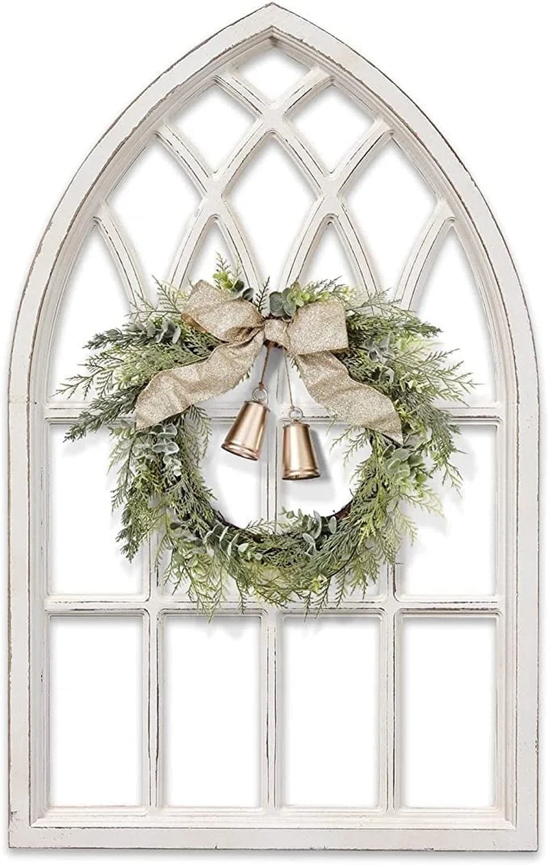 Farmhouse Arched Window Frame for Home 20" X 32", Rustic Hanging Distressed White Bedroom Window Pane Wall Decor Artwork, MDF ,