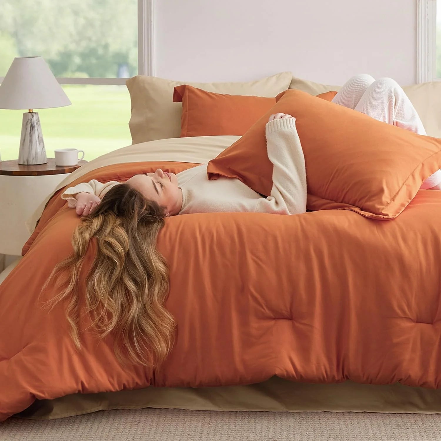 Full Size Comforter Set Burnt Orange, 7 Pieces Soft Bedding Sets with Comforter, Sheets, Pillowcases & Shams, All Season Boho Bed in a Bag Full Size, 80GSM